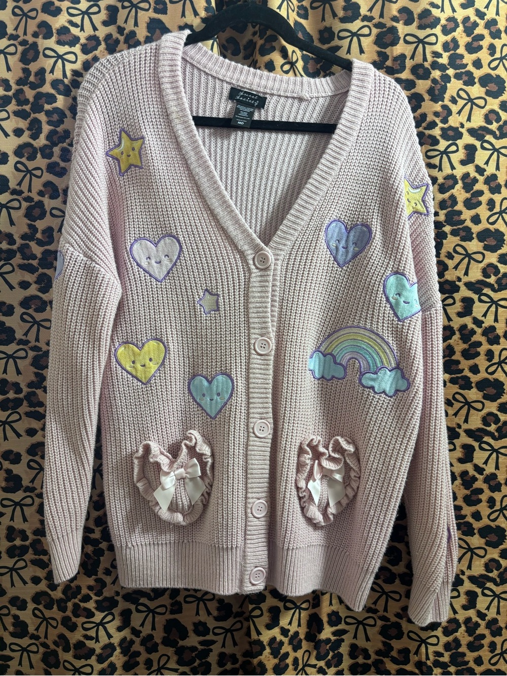 Sweet Society Rainbow Hearts & Star Patch Pastel Pink Girls Cardigan